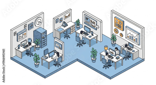 Isometric Office Space Illustration with Desks and Workstations.