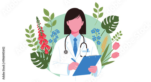 Female doctor holding medicinal plants vector illustration with echinacea and aloe vera icons on white background