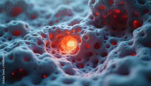 Abstract macro view of glowing red cells within a porous textured surface with blue and white tones and dramatic
