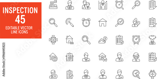 Inspection 45 concept with editable vector line icons set for quality control and business workflow