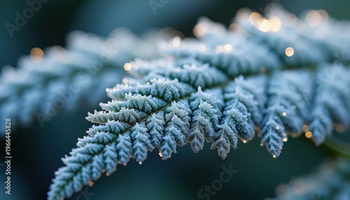 Close-up Frost-Covered Fern Leaf Macro Detail with Soft Golden Morning Sunlight Glinting on Ice Crystals