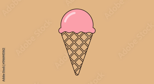 Pink ice cream in waffle cone.