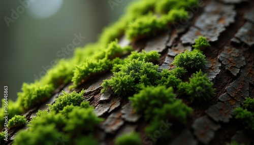 Close up of vibrant green moss growing on textured tree bark with soft natural lighting in a forest setting