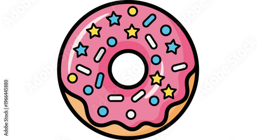 Pink frosted donut with sprinkles.