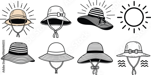 Sun hat collection vector set featuring various straw styles and summer headwear for beach protection.