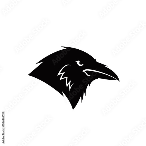 A black silhouette of a raven or crow's head with a sharp beak and intense eye, depicted in a stylized graphic profile against a white background.