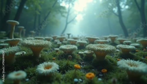 Magical Forest Floor Covered in Delicate Yellow Trumpet Mushrooms and Lush Green Moss Illuminated by Soft Sunlight and