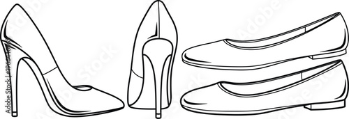 Collection of female footwear outlines featuring high heels and flat ballerina shoes on transparent grid.