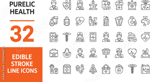 32 flat editable stroke icons set for public health and nutrition education vector illustration