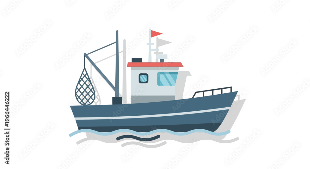 Obraz premium Small blue fishing boat on water.