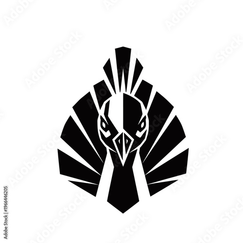 A striking black and white graphic illustration of a stylized bird's head with fanned feathers.