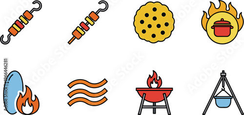 Collection of various barbecue and cooking elements, outdoor grill illustrations.
