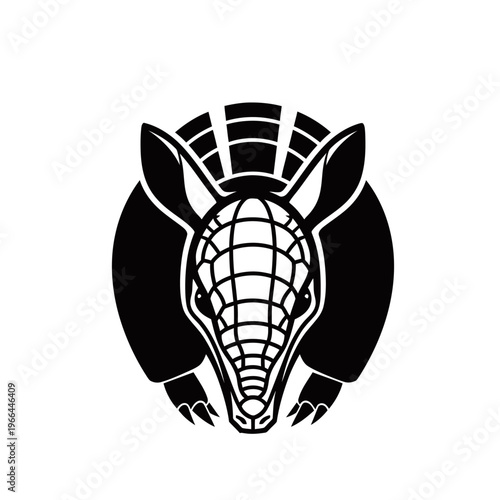 Stylized black and white armadillo head illustration with intricate shell pattern on a solid black circular background.