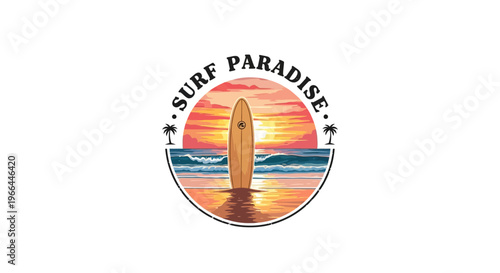 Surfboard at sunset on the beach.