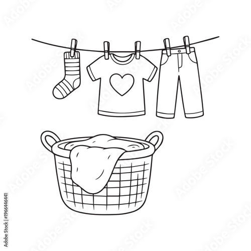 Laundry Day Coloring Page with Clothesline Hanging Apparel and Washing Basket for Kids
