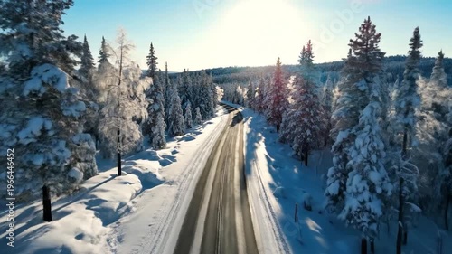 A winding road through a snow-covered forest on a bright, sunny day with clear blue skies