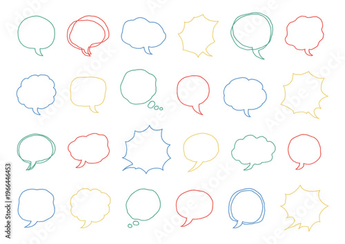 シンプル・もこもこ・ギザギザなど様々な形をした明るい色合いの手描きの吹き出しセット（背景あり）