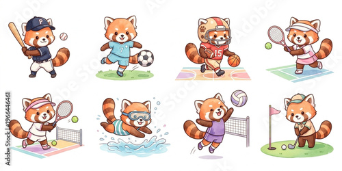  Set of funny cartoon cute Red Panda animals in playful sports vector style featuring smiling characters for kids toy illustration collection