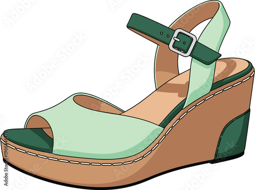 Womens wedge sandal with ankle strap and buckle in green and brown colors for summer fashion outfit.