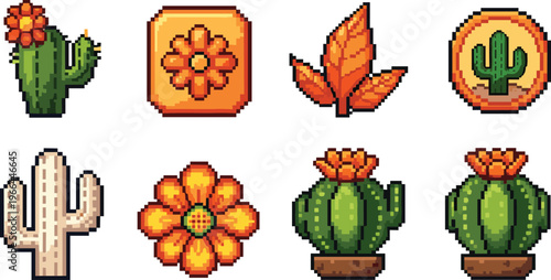 Pixel art set of desert cacti, flowers and leaves in vibrant colors.