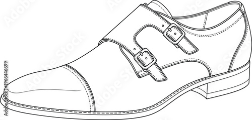 Stylish leather monk strap shoe with double buckles, cap toe, and decorative stitching.