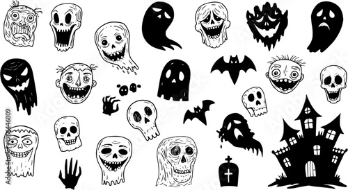 Spooky Halloween Black and White Line Art Icons: Ghosts, Skulls, Bats, and Haunted House