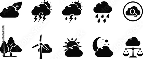 Set of monochrome weather and climate related vector icons environmental forecast symbols.