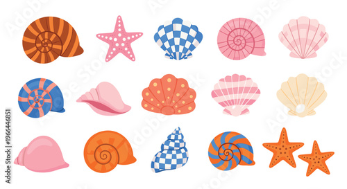Seashell and starfish cartoon vector set with ocean marine life icons on white background