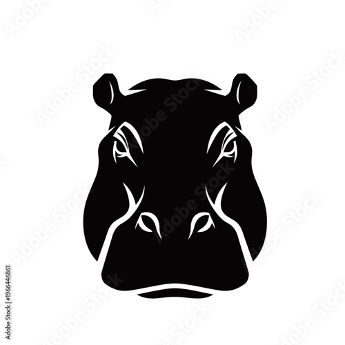 A striking black and white silhouette of a hippopotamus head facing forward.