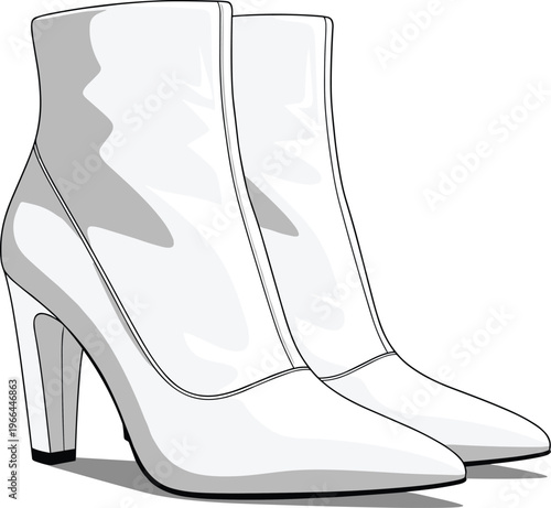 Pair of white patent leather ankle boots with stiletto heel.