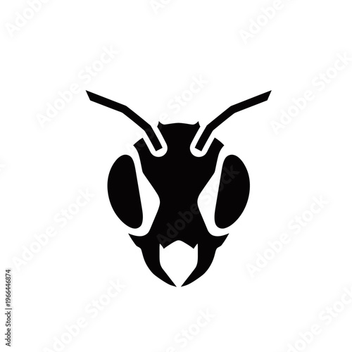 Stylized black silhouette of an ant's head with prominent mandibles and antennae on a white background.