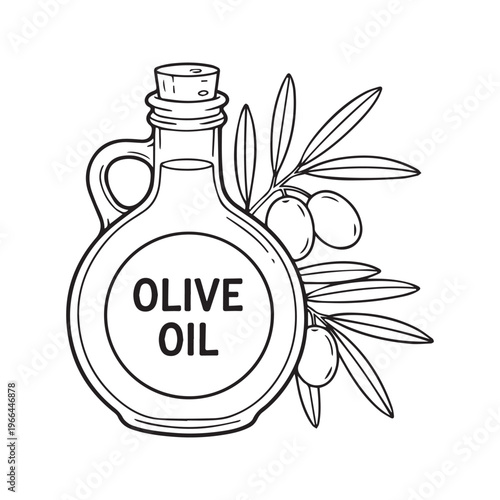 Olive Oil Bottle and Branch with Olives Coloring Page Illustration for Kids Activity
