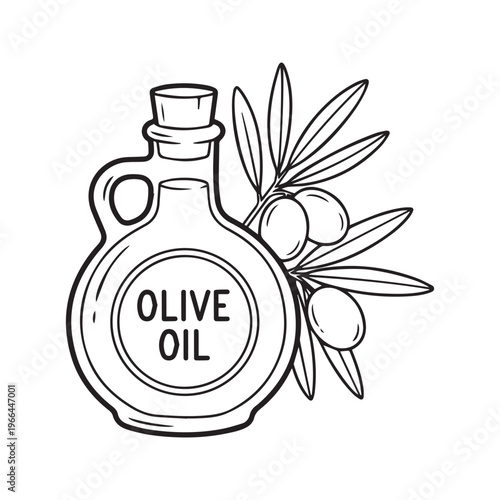 Olive Oil Bottle and Branch with Olives Coloring Page Illustration for Kids Activity
