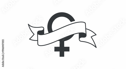 Black and white illustration of a female symbol with a ribbon banner on a plain white background.