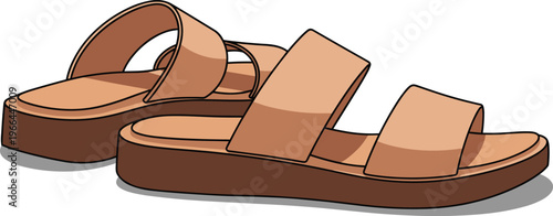 Pair of stylish brown slide sandals with thick straps and platform sole on transparent background simple design.