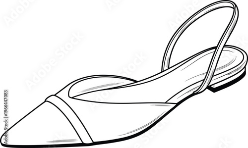 Minimalist outline drawing of elegant slingback flat shoe with pointed toe and thin strap detail for.
