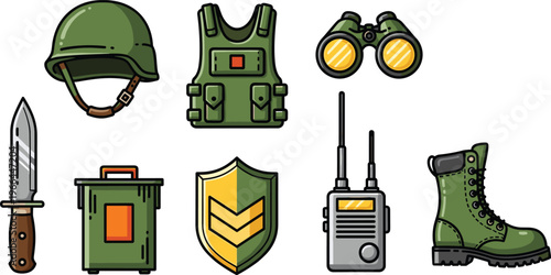 Military equipment set. helmet, bulletproof vest, binoculars, knife, ammunition box, shield, walkie-talkie, and boots.