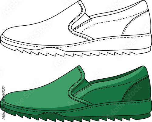Green fabric slip on sneakers vector illustration showing stitched details and textured rubber soles.