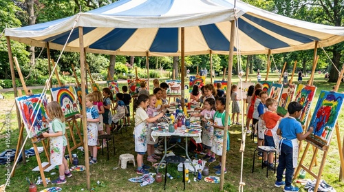 Group of people painting outdoors together.