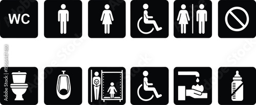 set of universal restroom accessibility icons on black background for signage and public facilities