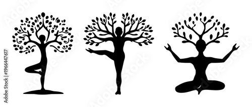 Yoga tree pose set with solid black icon and white background featuring yoga, tree pose, silhouette with black and white and icon