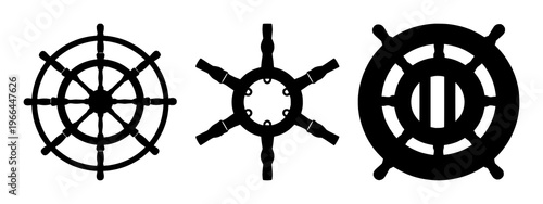 Cruise ship steering wheel icon set with solid black design on white background featuring maritime, navigation, ship with black and white and vector