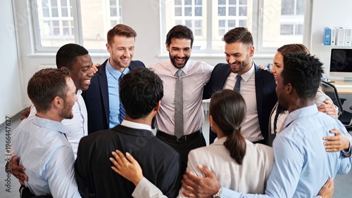 Team building activity office environment group photo collaborative spirit positive atmosphere