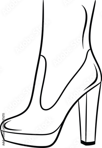 Elegant high heel platform shoe on leg line art illustration for fashion design and beauty boutique.