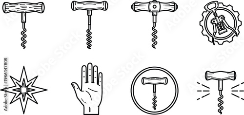 Corkscrew tool collection for wine bottle opening wood handle vintage screw puller kitchen equipment.