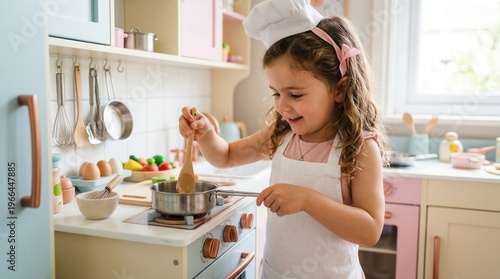 Little girl playing kitchen cooking chef.