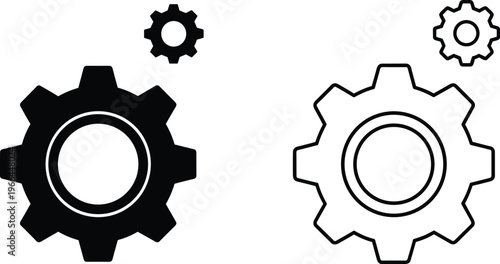 Industrial gear mechanism vector set with solid black and outline versions on transparent background.