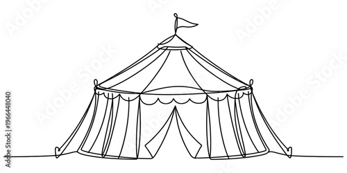 A simple continuous line drawing of a classic circus tent with a flag on top against white background Vector, illustration