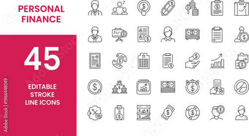 45 editable stroke line icons set for personal finance and money management flat design