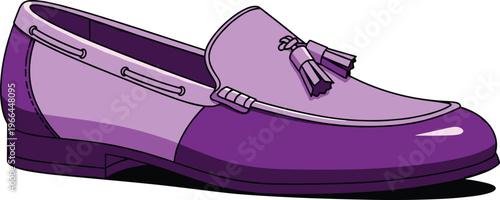 Purple tassel loafer shoe with stitched detail on grey checkered background isolated.